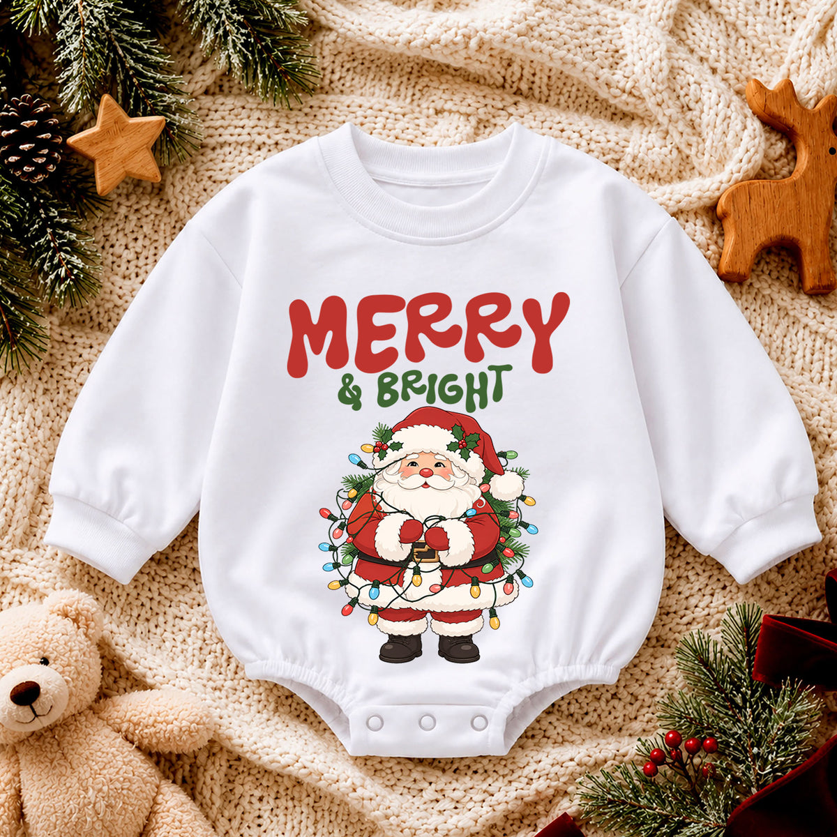 Merry and Bright Santa Baby Romper, Christmas Lights Holiday Outfit, Toddler Christmas Romper, Cute 1st Christmas Gift for Baby — product view 4