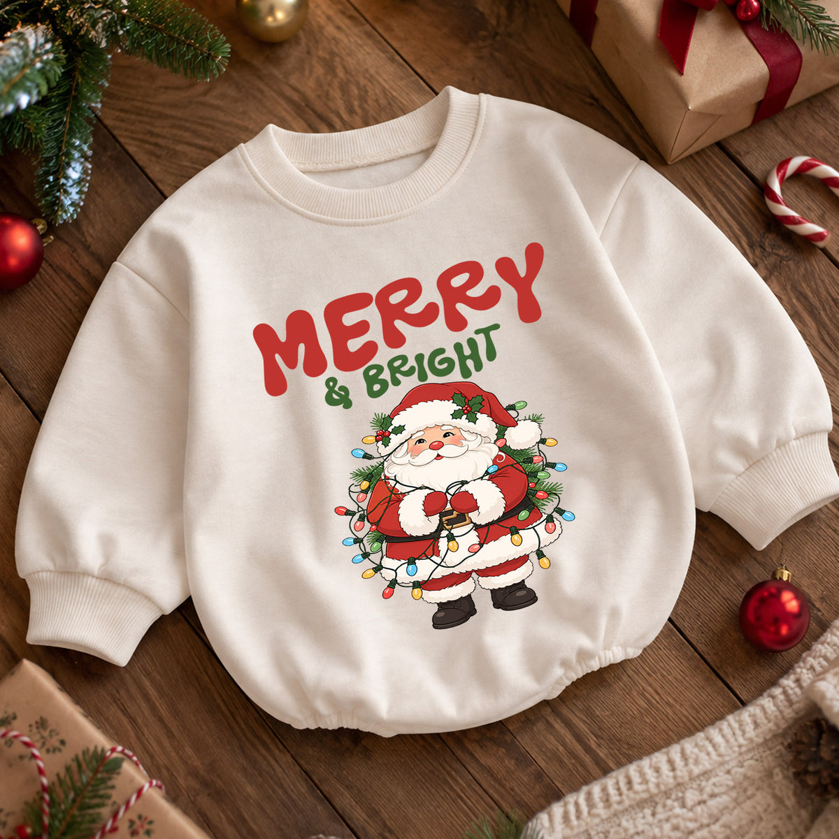 Merry and Bright Santa Baby Romper, Christmas Lights Holiday Outfit, Toddler Christmas Romper, Cute 1st Christmas Gift for Baby — product view 5
