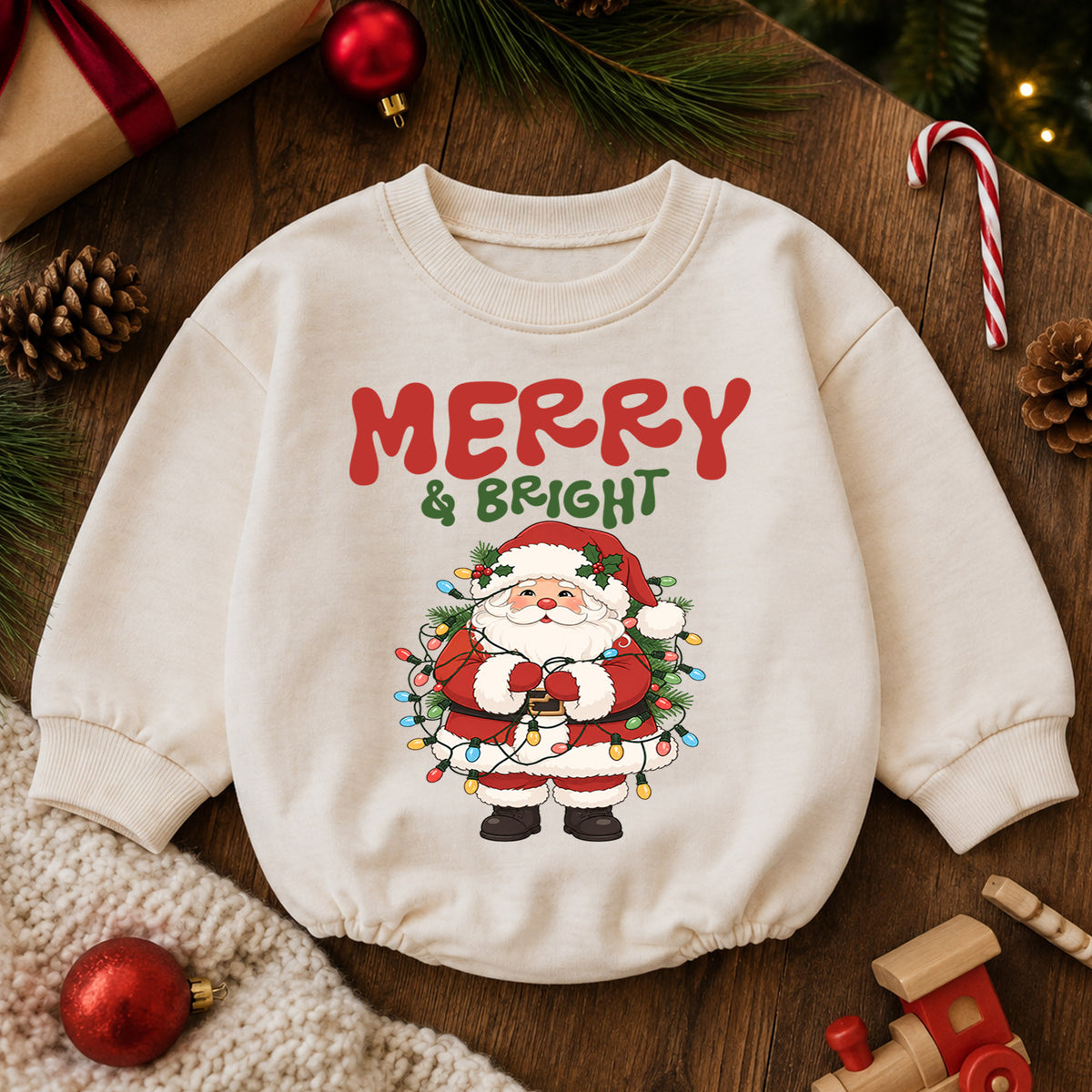 Merry and Bright Santa Baby Romper, Christmas Lights Holiday Outfit, Toddler Christmas Romper, Cute 1st Christmas Gift for Baby — product view 6