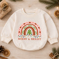 Merry and Bright Christmas Baby Romper, Boho Rainbow Holiday Outfit, Toddler Xmas Romper, Cute 1st Christmas Gift for Baby — product view 1