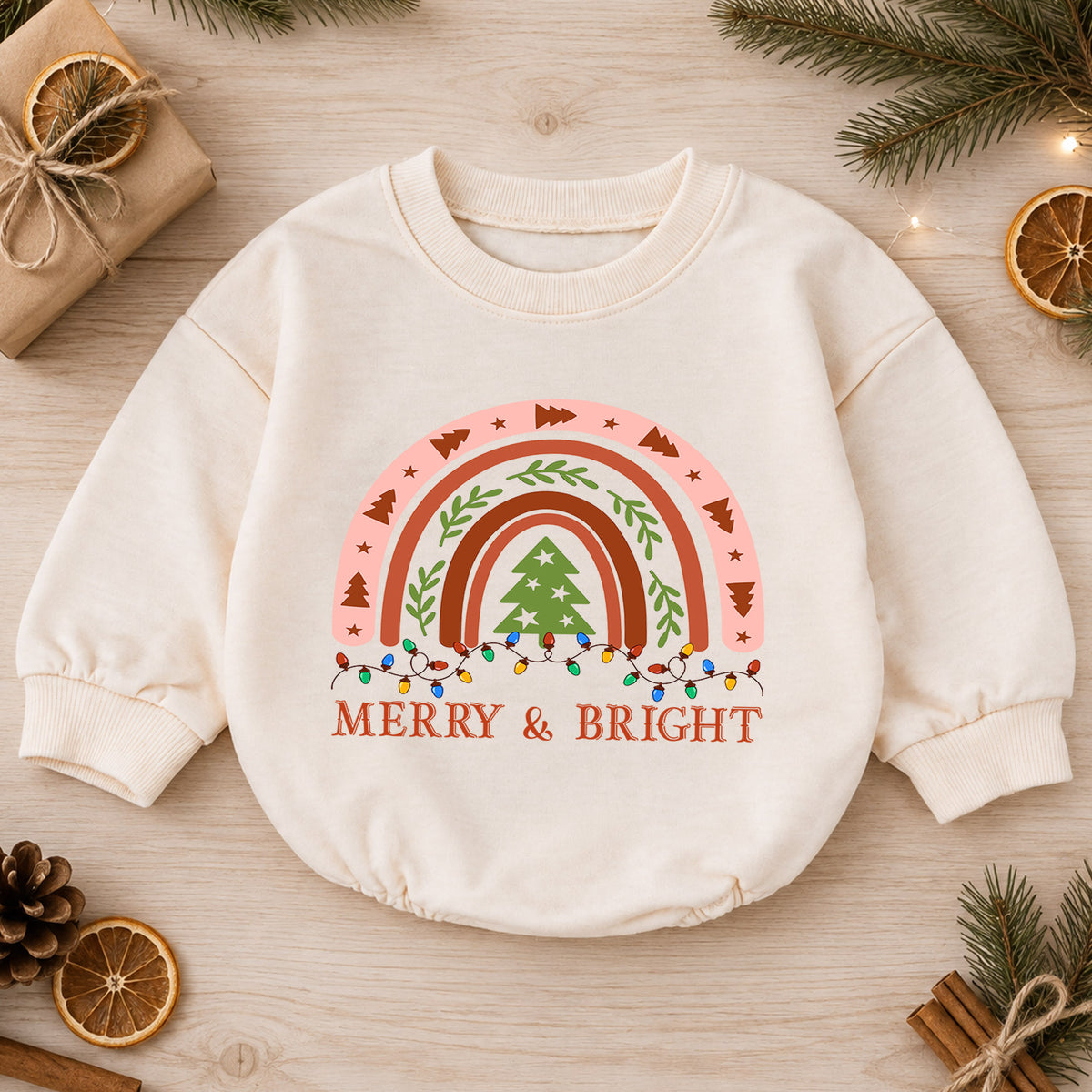 Merry and Bright Christmas Baby Romper, Boho Rainbow Holiday Outfit, Toddler Xmas Romper, Cute 1st Christmas Gift for Baby — product view 1