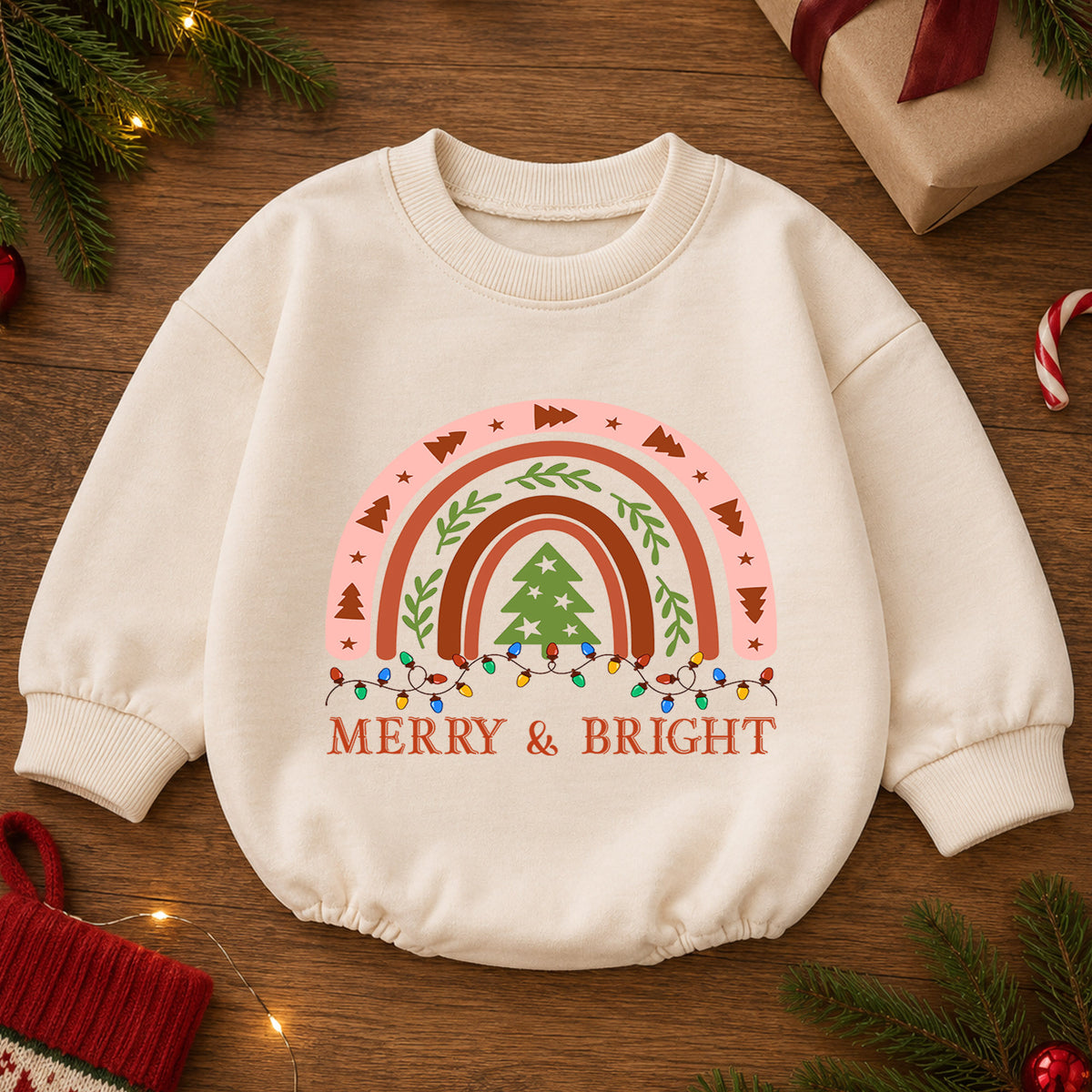 Merry and Bright Christmas Baby Romper, Boho Rainbow Holiday Outfit, Toddler Xmas Romper, Cute 1st Christmas Gift for Baby — product view 2