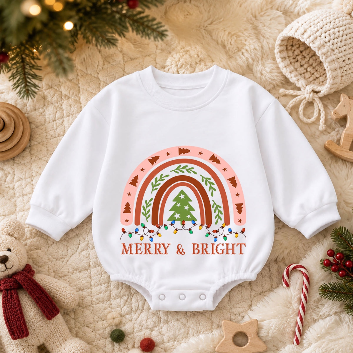 Merry and Bright Christmas Baby Romper, Boho Rainbow Holiday Outfit, Toddler Xmas Romper, Cute 1st Christmas Gift for Baby — product view 3