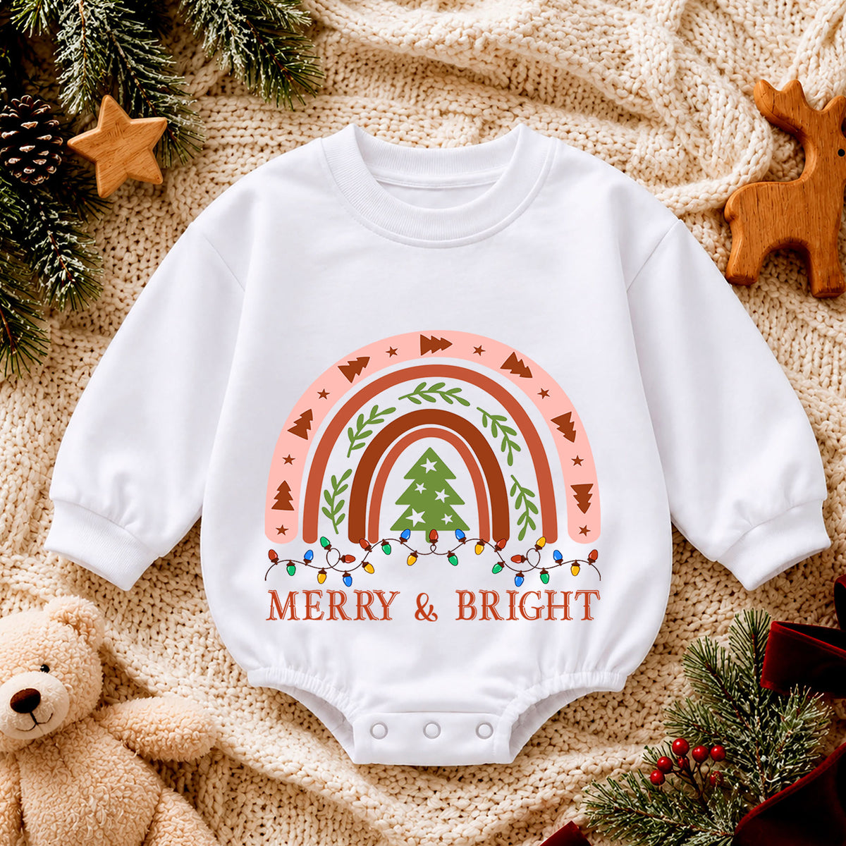 Merry and Bright Christmas Baby Romper, Boho Rainbow Holiday Outfit, Toddler Xmas Romper, Cute 1st Christmas Gift for Baby — product view 4