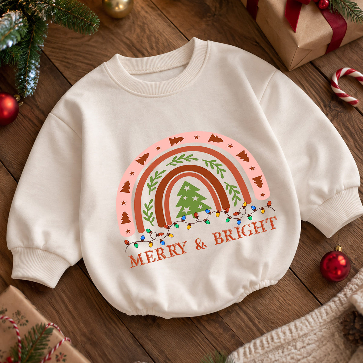 Merry and Bright Christmas Baby Romper, Boho Rainbow Holiday Outfit, Toddler Xmas Romper, Cute 1st Christmas Gift for Baby — product view 5