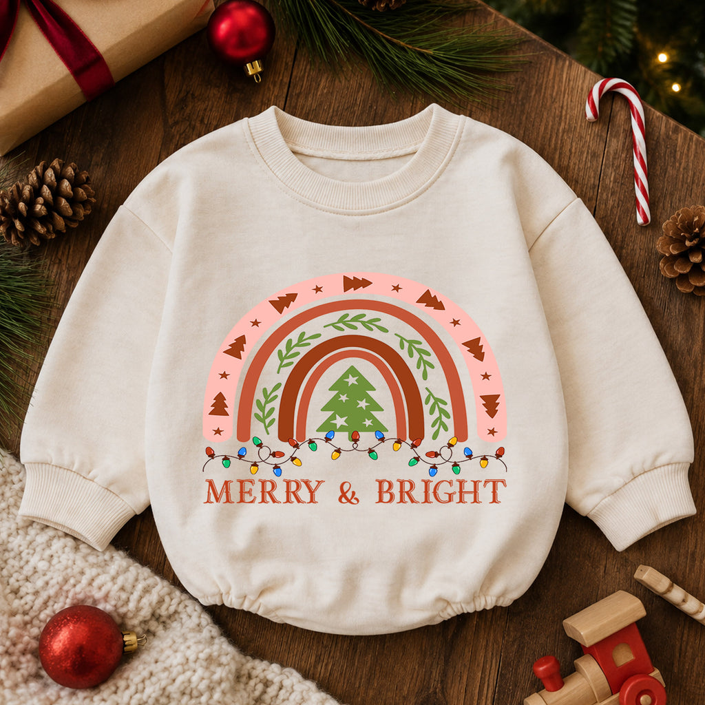Merry and Bright Christmas Baby Romper, Boho Rainbow Holiday Outfit, Toddler Xmas Romper, Cute 1st Christmas Gift for Baby — product view 6