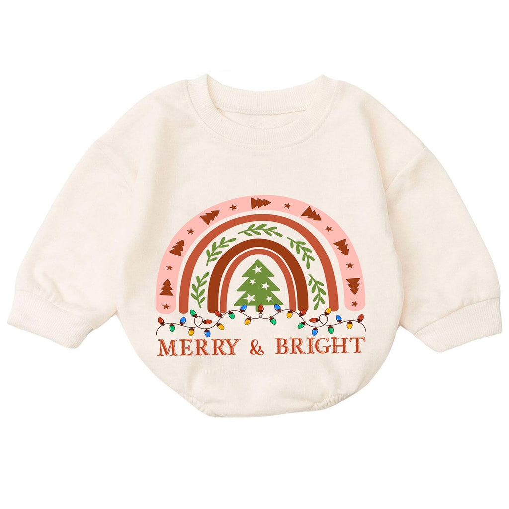 Merry and Bright Christmas Baby Romper, Boho Rainbow Holiday Outfit, Toddler Xmas Romper, Cute 1st Christmas Gift for Baby — product view 7