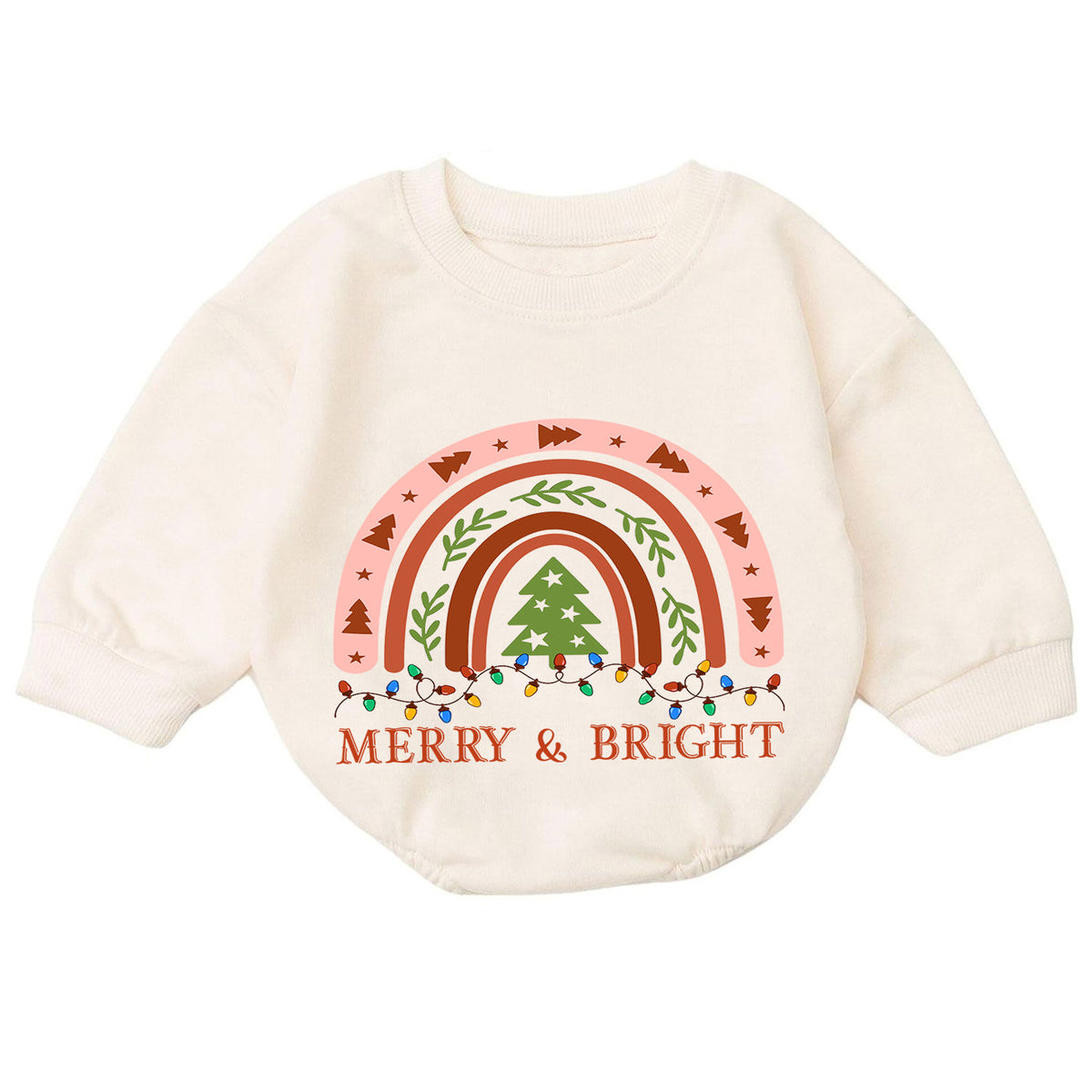 Merry and Bright Christmas Baby Romper, Boho Rainbow Holiday Outfit, Toddler Xmas Romper, Cute 1st Christmas Gift for Baby — product view 7