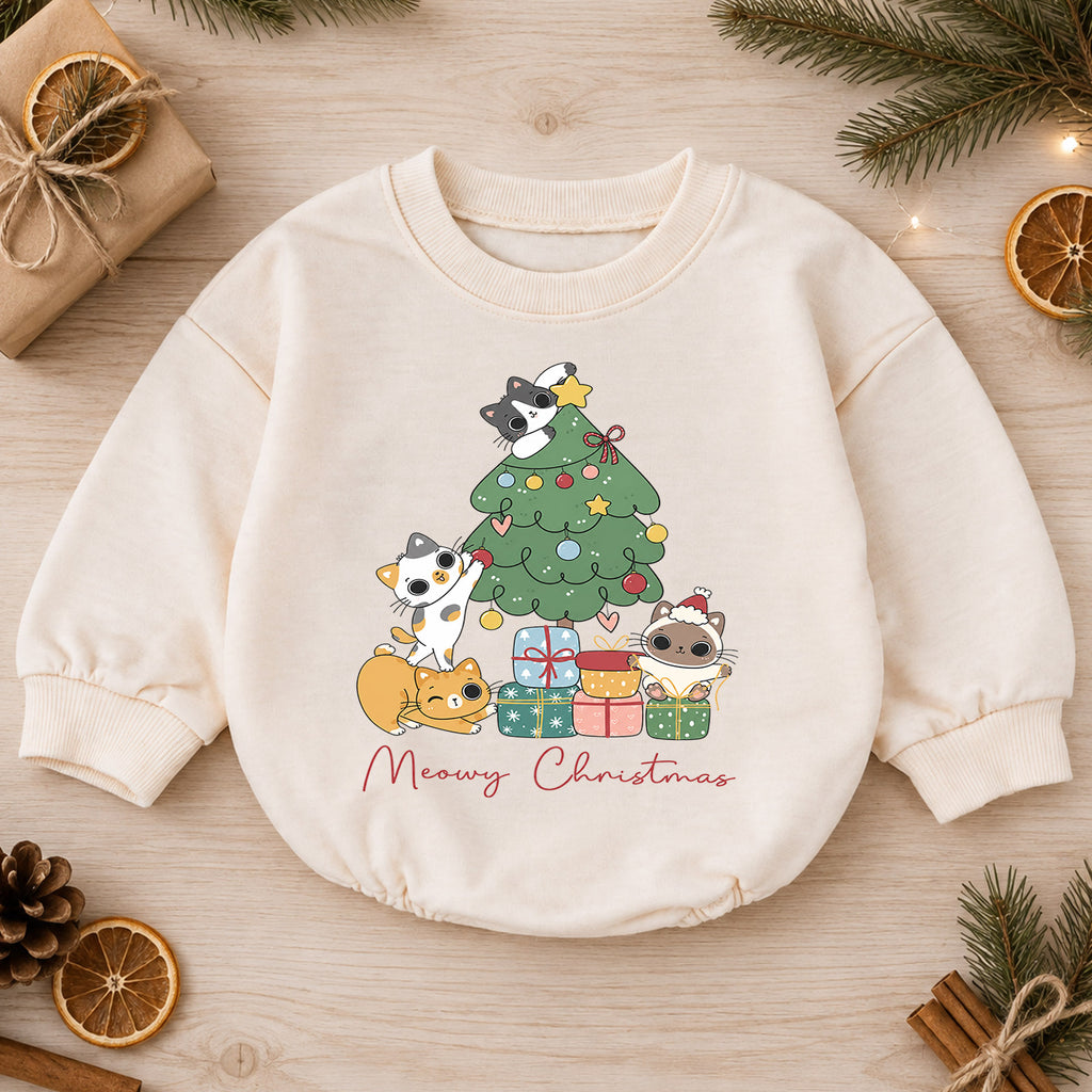 Meowy Christmas Cat Baby Romper, Cute Cat Holiday Outfit, Toddler Xmas Clothes, Christmas Kitty Baby Gift — product view 1
