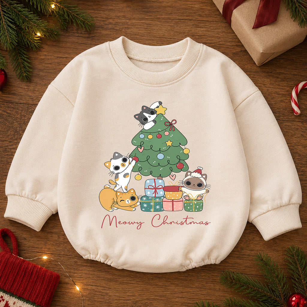 Meowy Christmas Cat Baby Romper, Cute Cat Holiday Outfit, Toddler Xmas Clothes, Christmas Kitty Baby Gift — product view 2