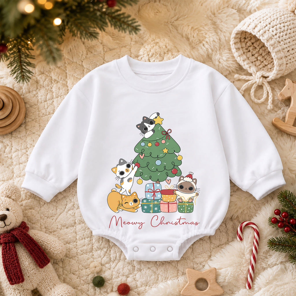 Meowy Christmas Cat Baby Romper, Cute Cat Holiday Outfit, Toddler Xmas Clothes, Christmas Kitty Baby Gift — product view 3