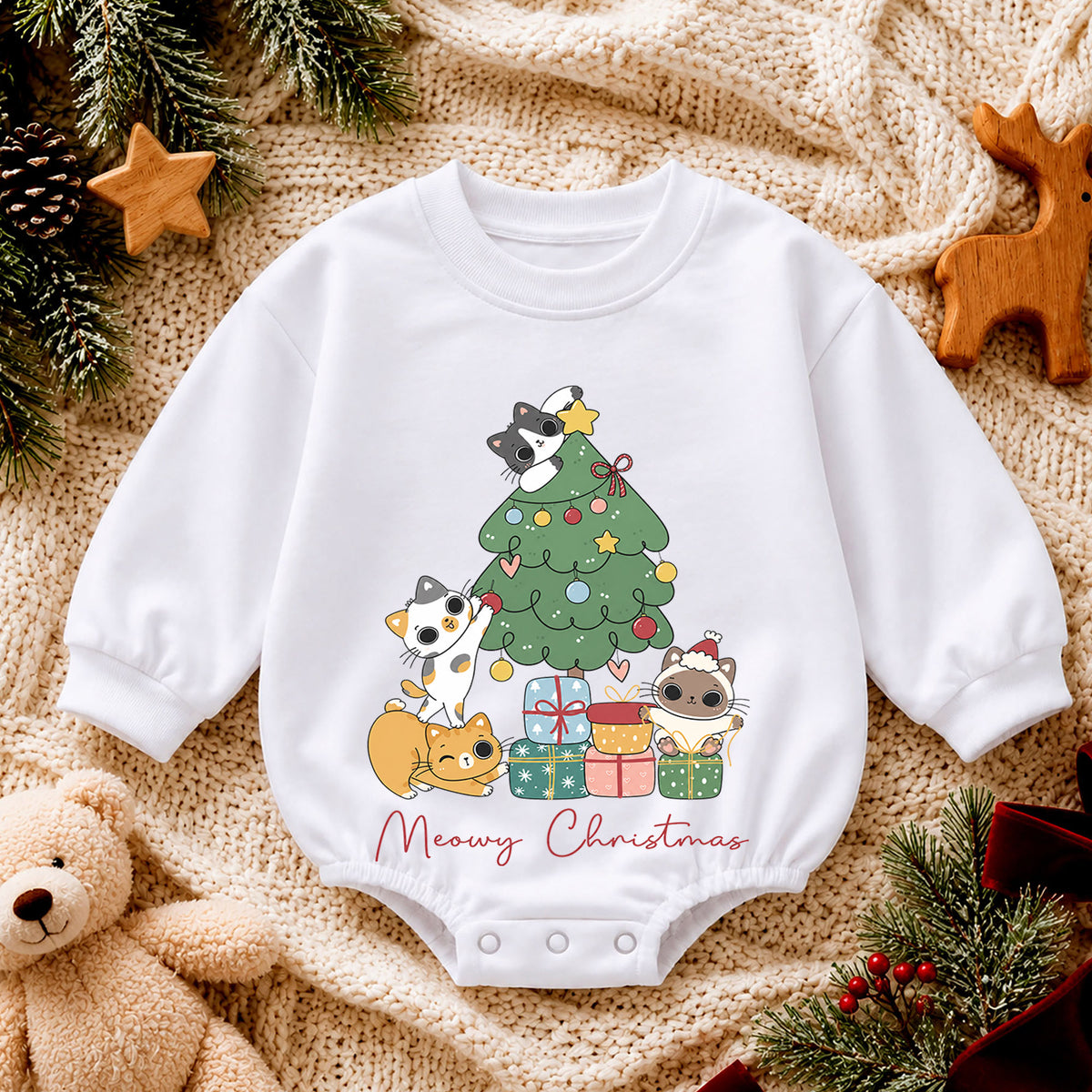 Meowy Christmas Cat Baby Romper, Cute Cat Holiday Outfit, Toddler Xmas Clothes, Christmas Kitty Baby Gift — product view 4