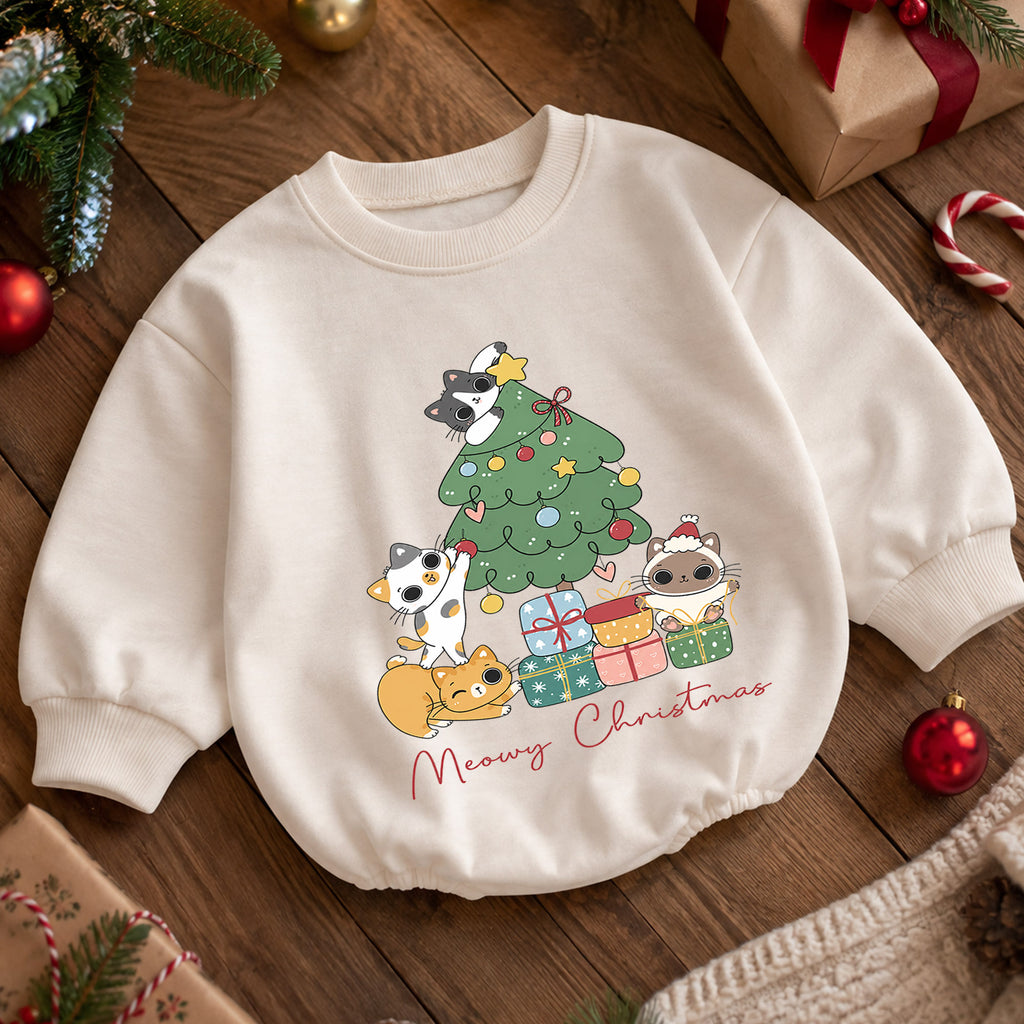 Meowy Christmas Cat Baby Romper, Cute Cat Holiday Outfit, Toddler Xmas Clothes, Christmas Kitty Baby Gift — product view 5
