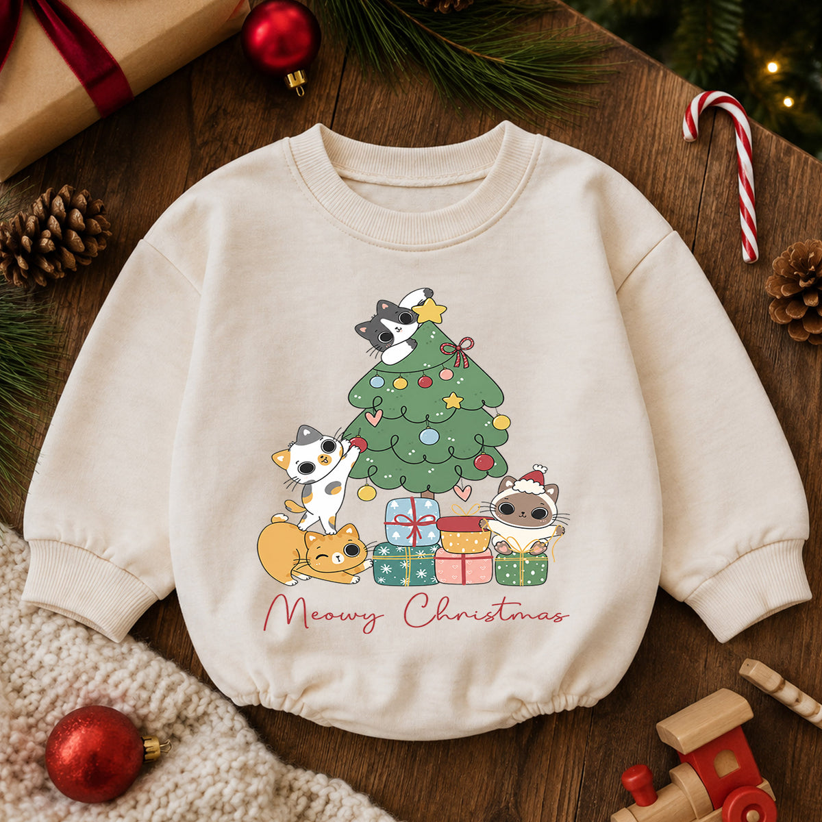 Meowy Christmas Cat Baby Romper, Cute Cat Holiday Outfit, Toddler Xmas Clothes, Christmas Kitty Baby Gift — product view 6