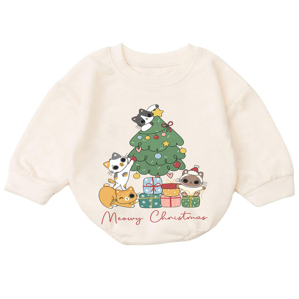 Meowy Christmas Cat Baby Romper, Cute Cat Holiday Outfit, Toddler Xmas Clothes, Christmas Kitty Baby Gift — product view 7
