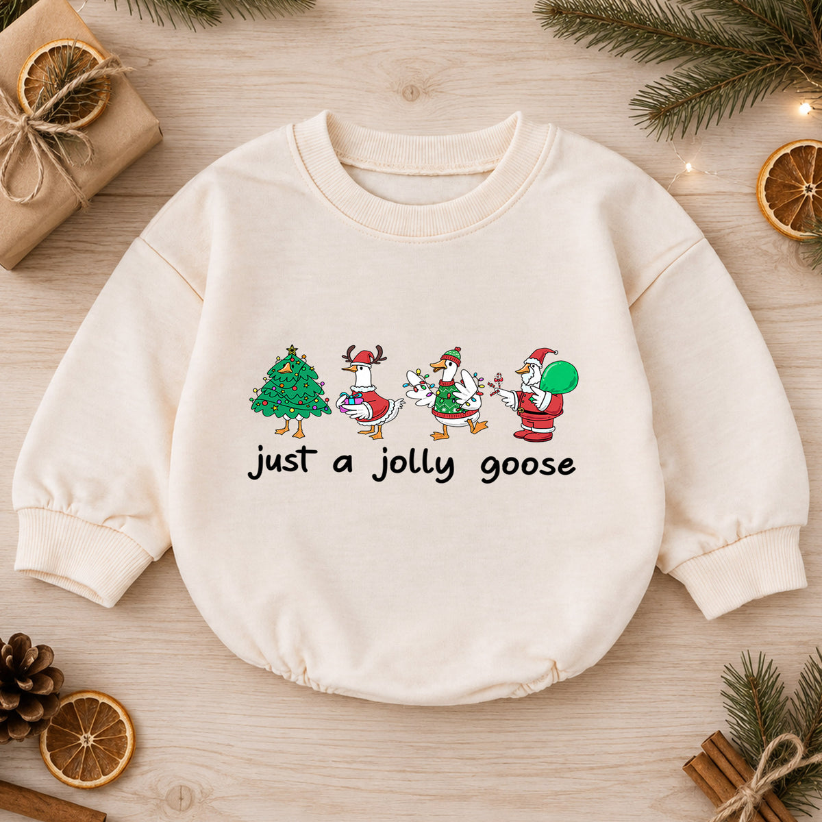 Christmas Goose Baby Romper, Funny Holiday Character Outfit, Cute Toddler Xmas Romper, Just a Jolly Goose — product view 1