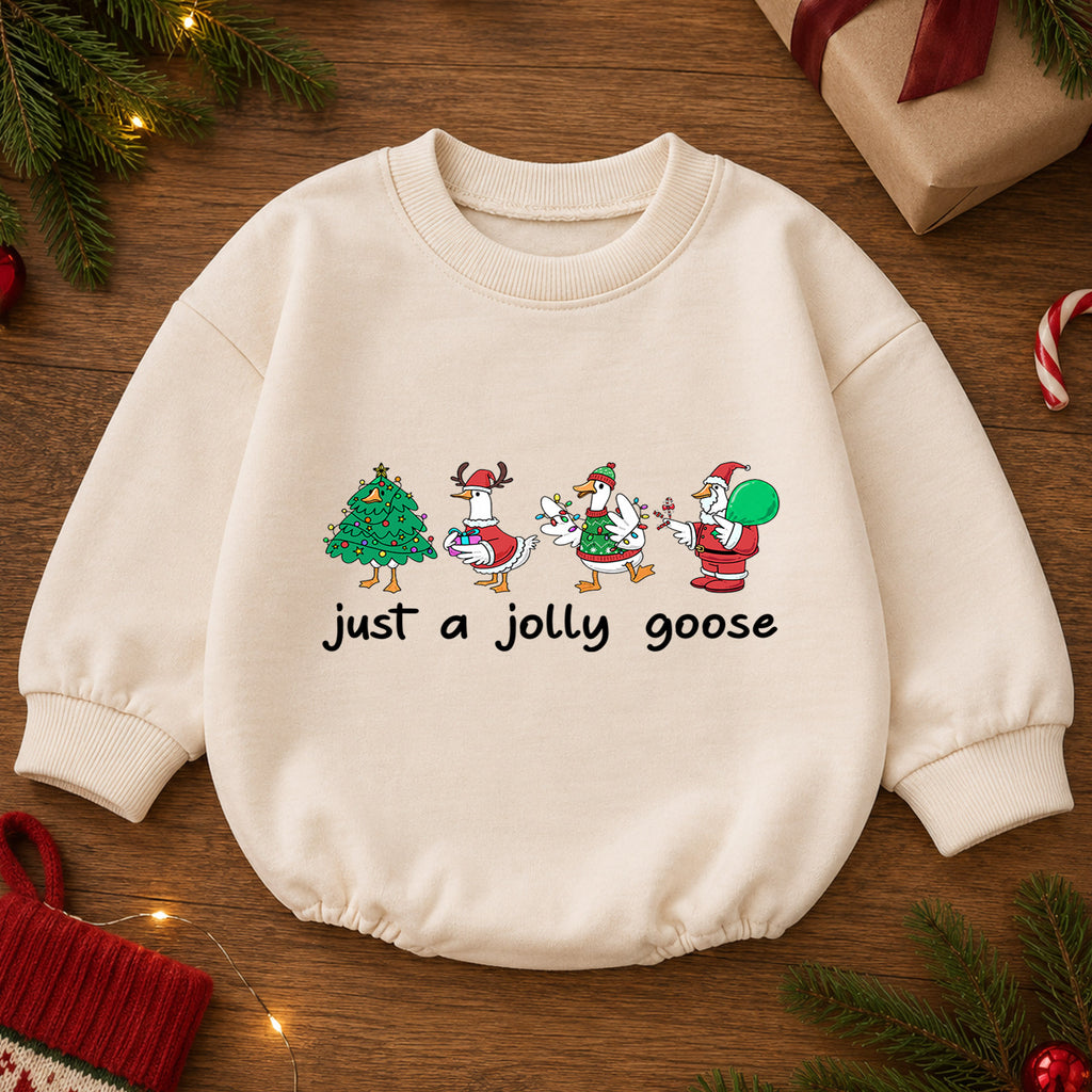 Christmas Goose Baby Romper, Funny Holiday Character Outfit, Cute Toddler Xmas Romper, Just a Jolly Goose — product view 2