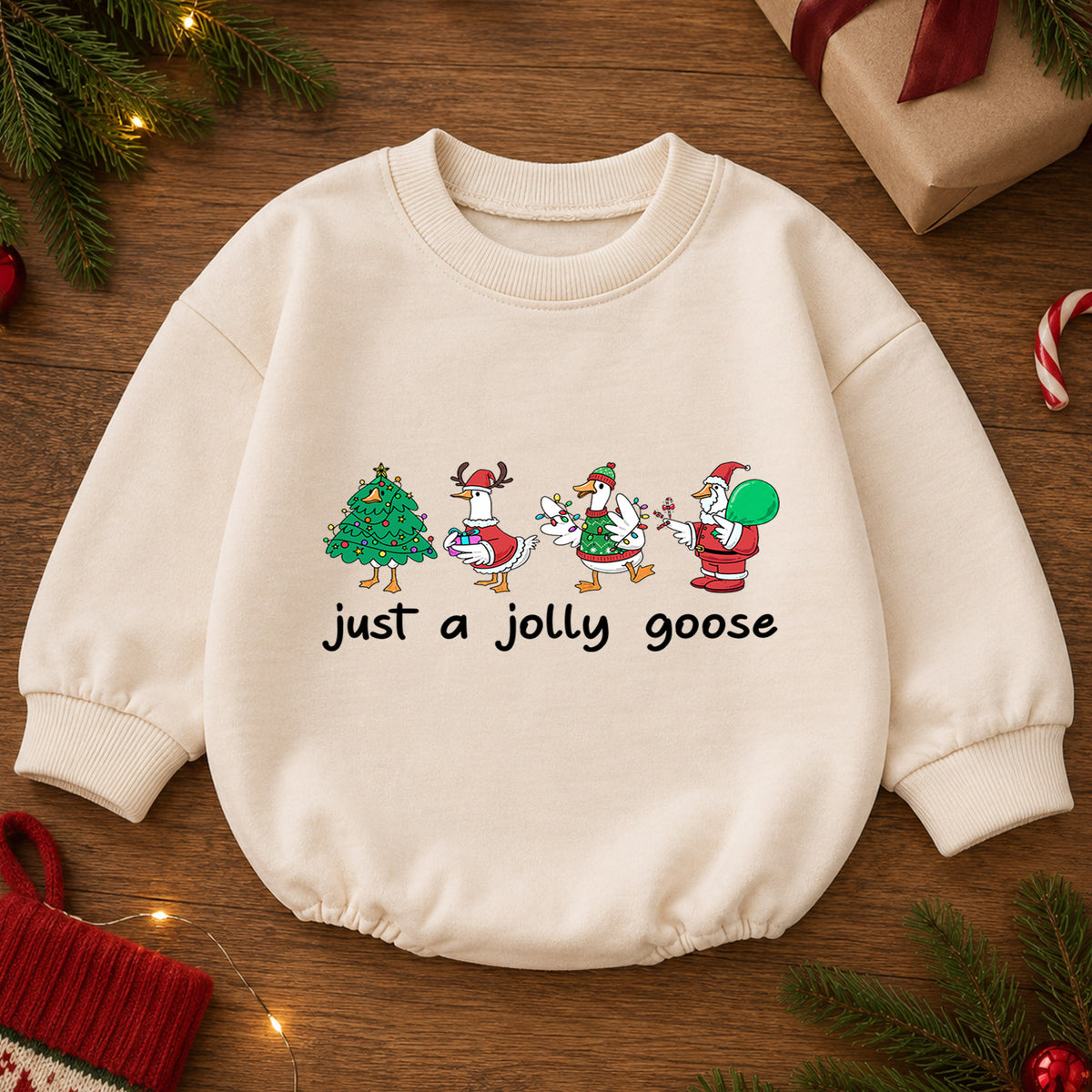 Christmas Goose Baby Romper, Funny Holiday Character Outfit, Cute Toddler Xmas Romper, Just a Jolly Goose — product view 2