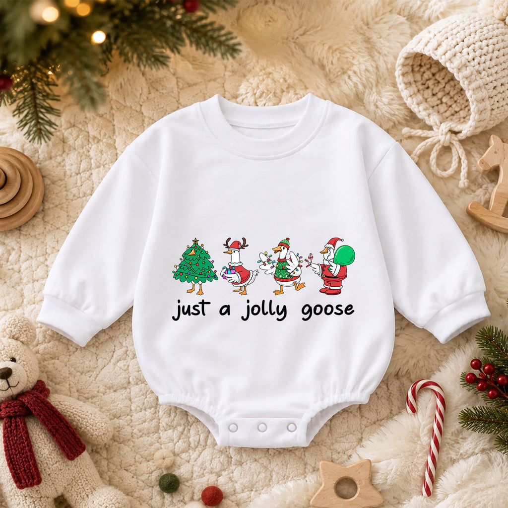 Christmas Goose Baby Romper, Funny Holiday Character Outfit, Cute Toddler Xmas Romper, Just a Jolly Goose — product view 3