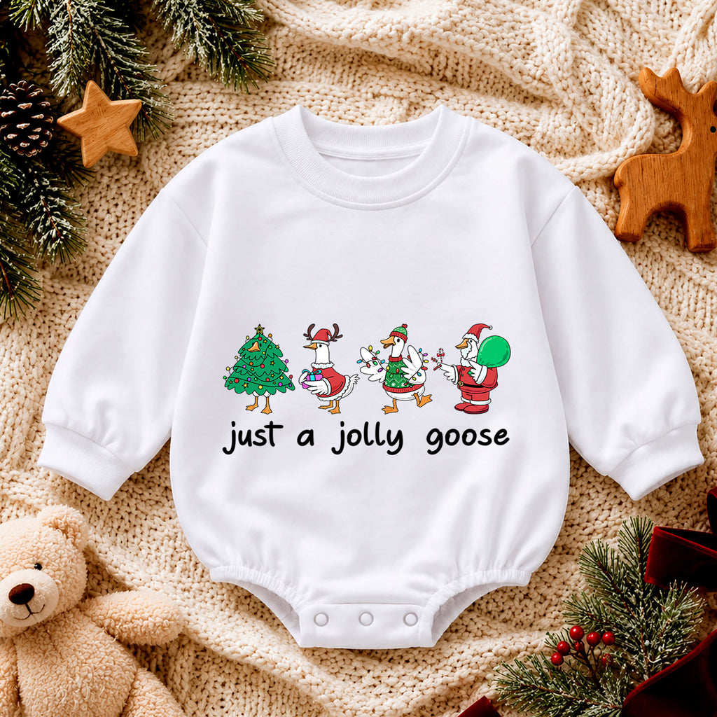Christmas Goose Baby Romper, Funny Holiday Character Outfit, Cute Toddler Xmas Romper, Just a Jolly Goose — product view 4