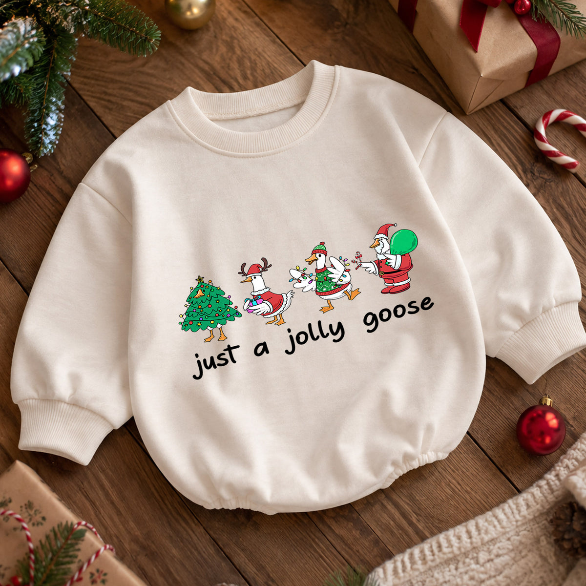 Christmas Goose Baby Romper, Funny Holiday Character Outfit, Cute Toddler Xmas Romper, Just a Jolly Goose — product view 5
