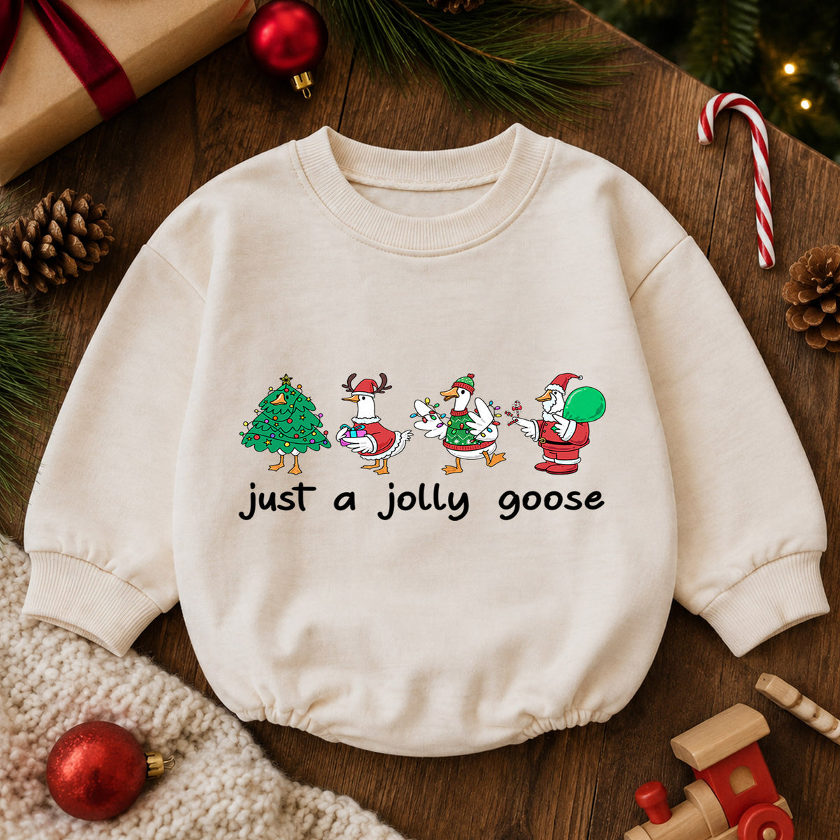 Christmas Goose Baby Romper, Funny Holiday Character Outfit, Cute Toddler Xmas Romper, Just a Jolly Goose — product view 6