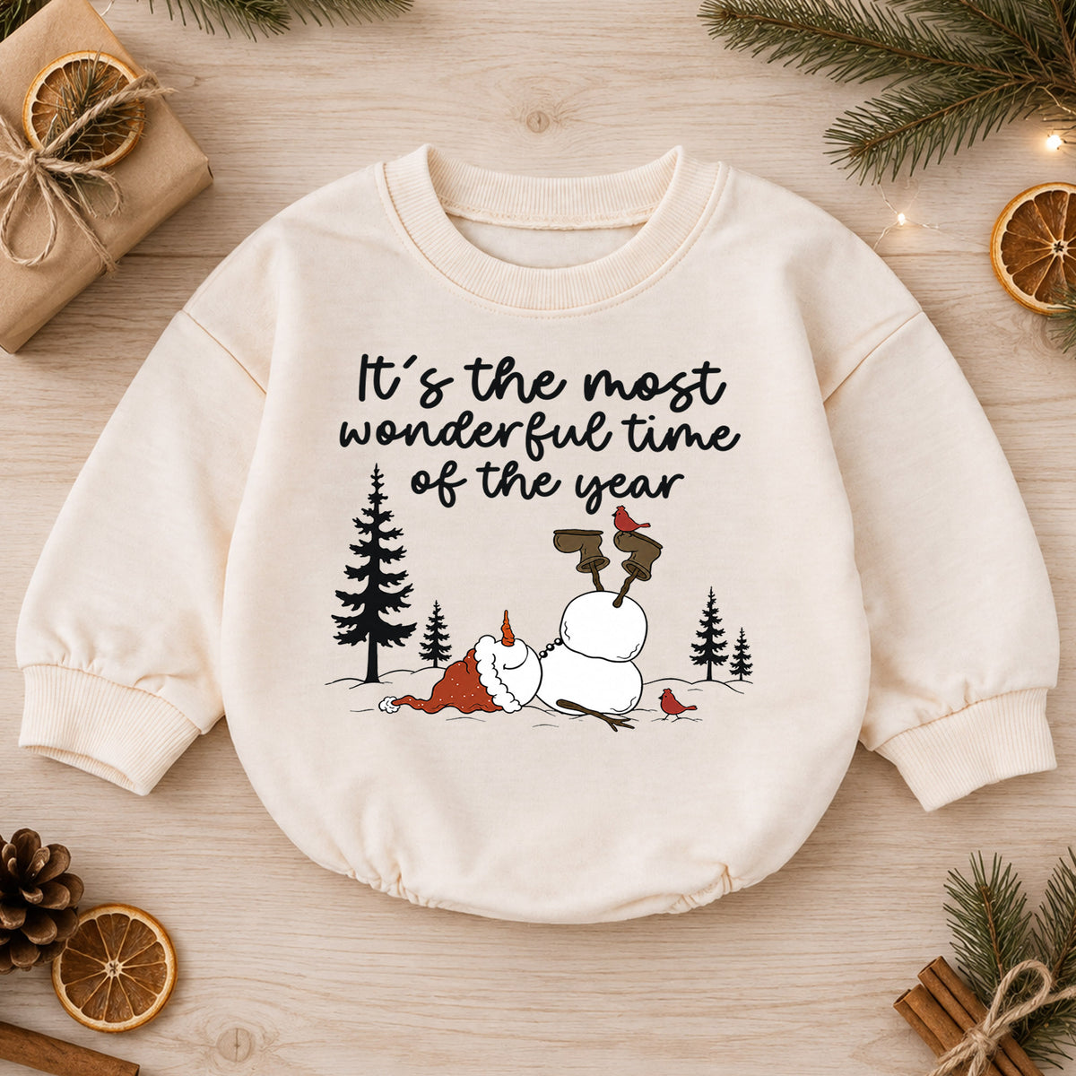 Most Wonderful Time Christmas Baby Romper, Funny Snowman Winter Outfit, Toddler Holiday Romper, Cute 1st Christmas Gift for Baby — product view 1