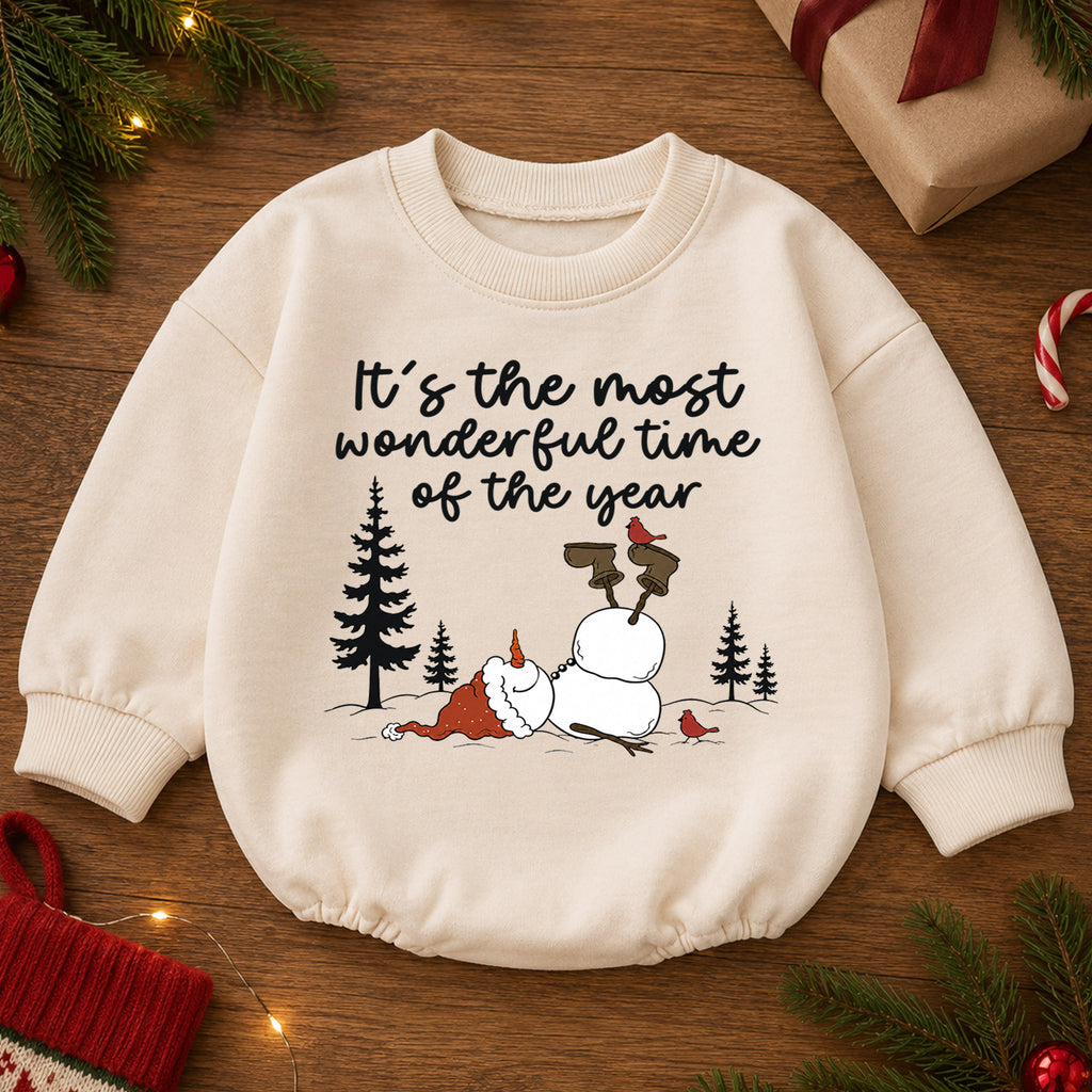 Most Wonderful Time Christmas Baby Romper, Funny Snowman Winter Outfit, Toddler Holiday Romper, Cute 1st Christmas Gift for Baby — product view 2