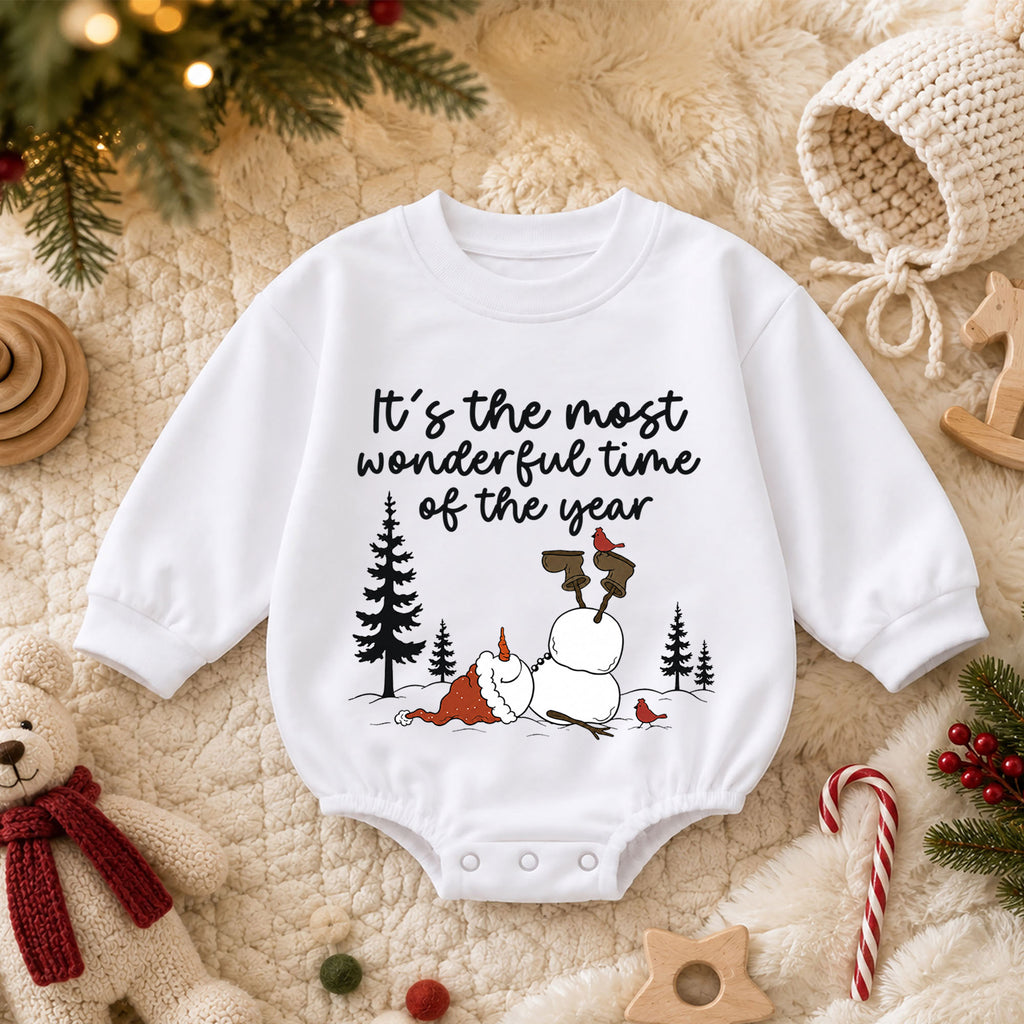 Most Wonderful Time Christmas Baby Romper, Funny Snowman Winter Outfit, Toddler Holiday Romper, Cute 1st Christmas Gift for Baby — product view 3
