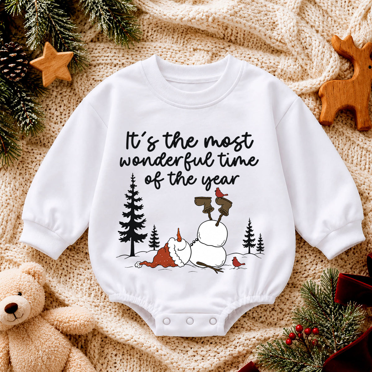 Most Wonderful Time Christmas Baby Romper, Funny Snowman Winter Outfit, Toddler Holiday Romper, Cute 1st Christmas Gift for Baby — product view 4
