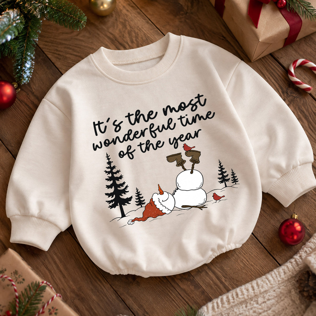 Most Wonderful Time Christmas Baby Romper, Funny Snowman Winter Outfit, Toddler Holiday Romper, Cute 1st Christmas Gift for Baby — product view 5