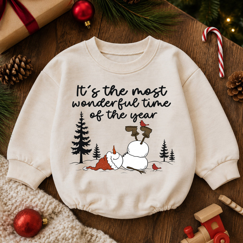 Most Wonderful Time Christmas Baby Romper, Funny Snowman Winter Outfit, Toddler Holiday Romper, Cute 1st Christmas Gift for Baby — product view 6