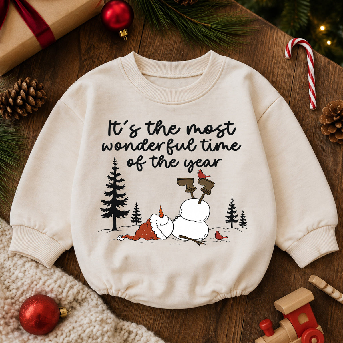 Most Wonderful Time Christmas Baby Romper, Funny Snowman Winter Outfit, Toddler Holiday Romper, Cute 1st Christmas Gift for Baby — product view 6