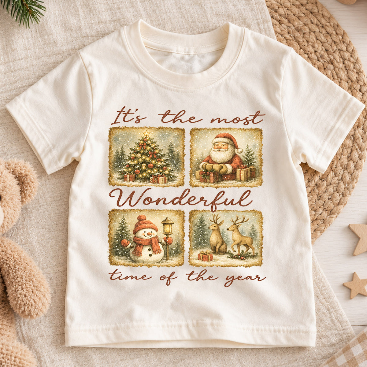Most Wonderful Time Kids Christmas Shirt, Vintage Santa Snowman Reindeer Tee, Retro Holiday Shirt for Kids, Classic Christmas Outfit — product view 1