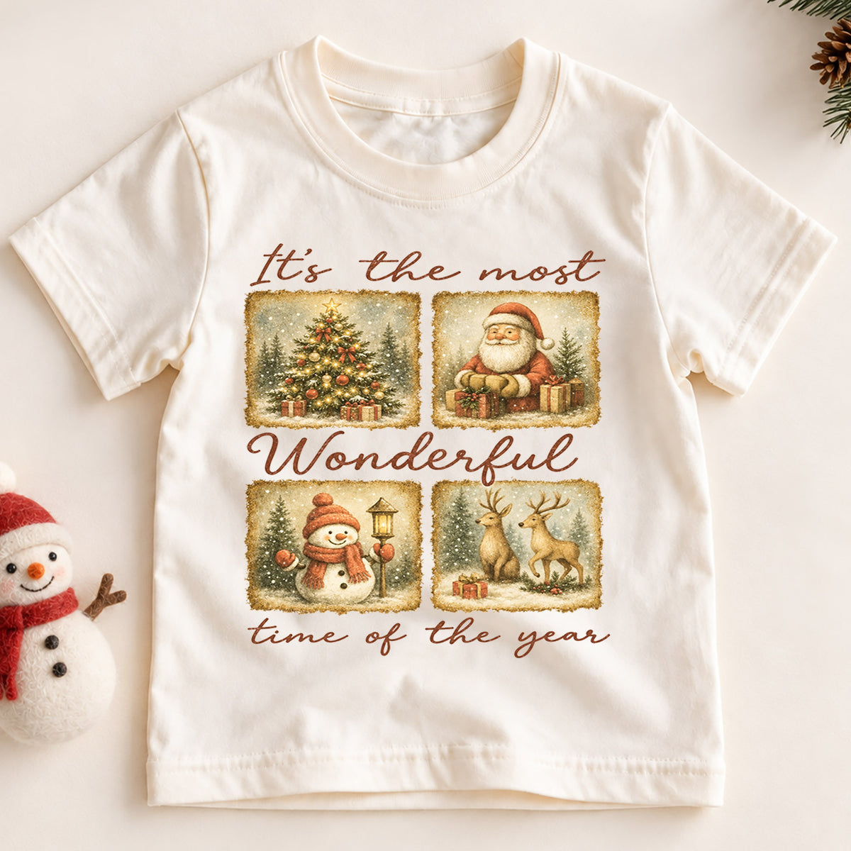 Most Wonderful Time Kids Christmas Shirt, Vintage Santa Snowman Reindeer Tee, Retro Holiday Shirt for Kids, Classic Christmas Outfit — product view 2