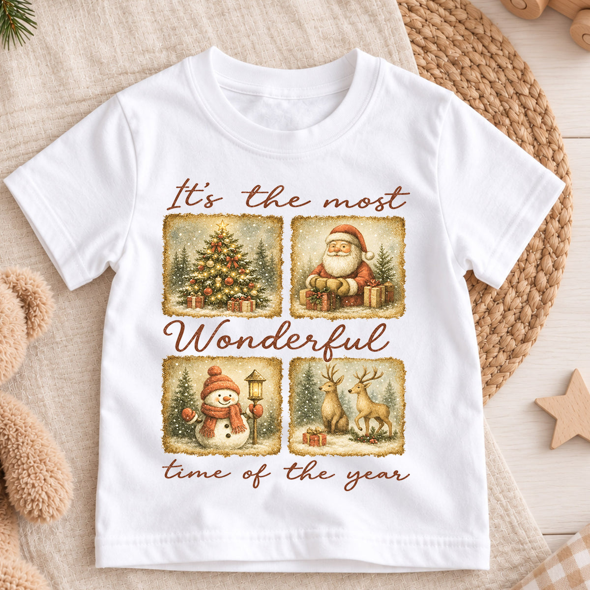 Most Wonderful Time Kids Christmas Shirt, Vintage Santa Snowman Reindeer Tee, Retro Holiday Shirt for Kids, Classic Christmas Outfit — product view 3