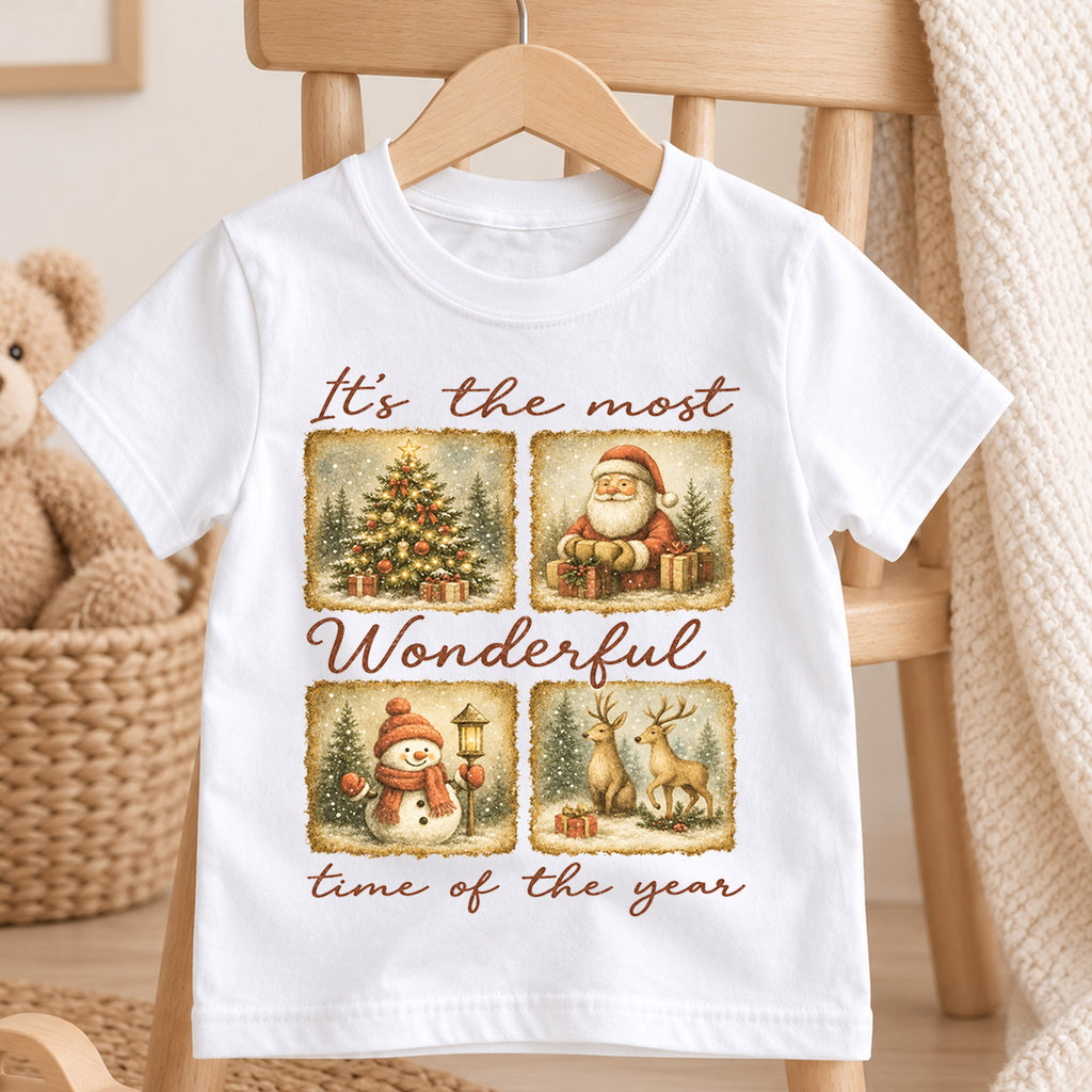 Most Wonderful Time Kids Christmas Shirt, Vintage Santa Snowman Reindeer Tee, Retro Holiday Shirt for Kids, Classic Christmas Outfit — product view 4