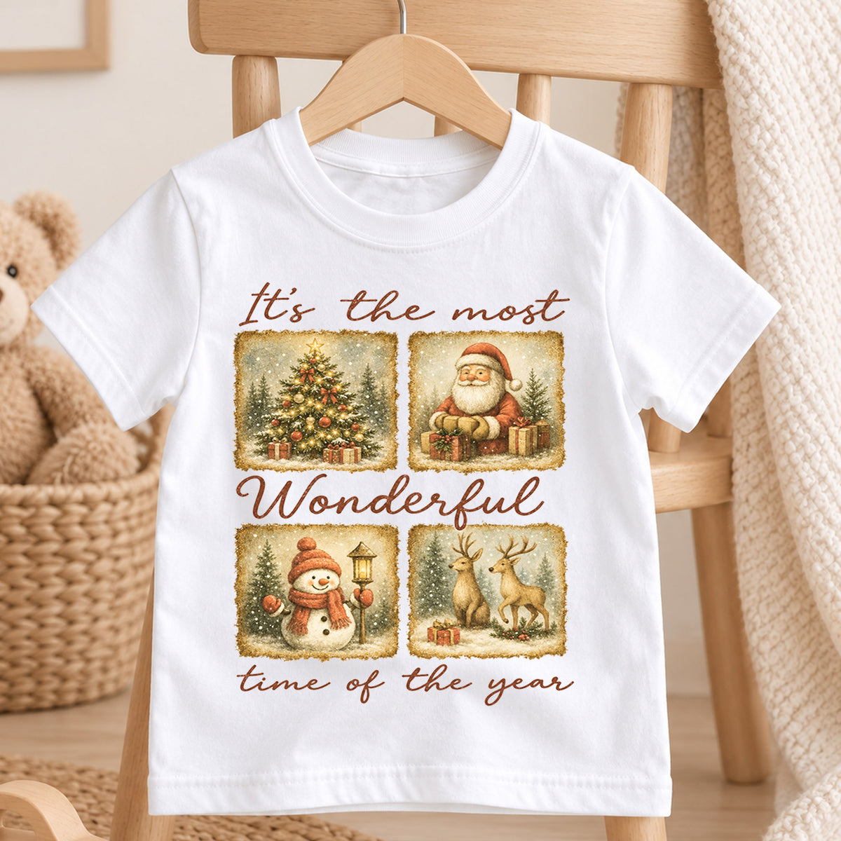 Most Wonderful Time Kids Christmas Shirt, Vintage Santa Snowman Reindeer Tee, Retro Holiday Shirt for Kids, Classic Christmas Outfit — product view 4