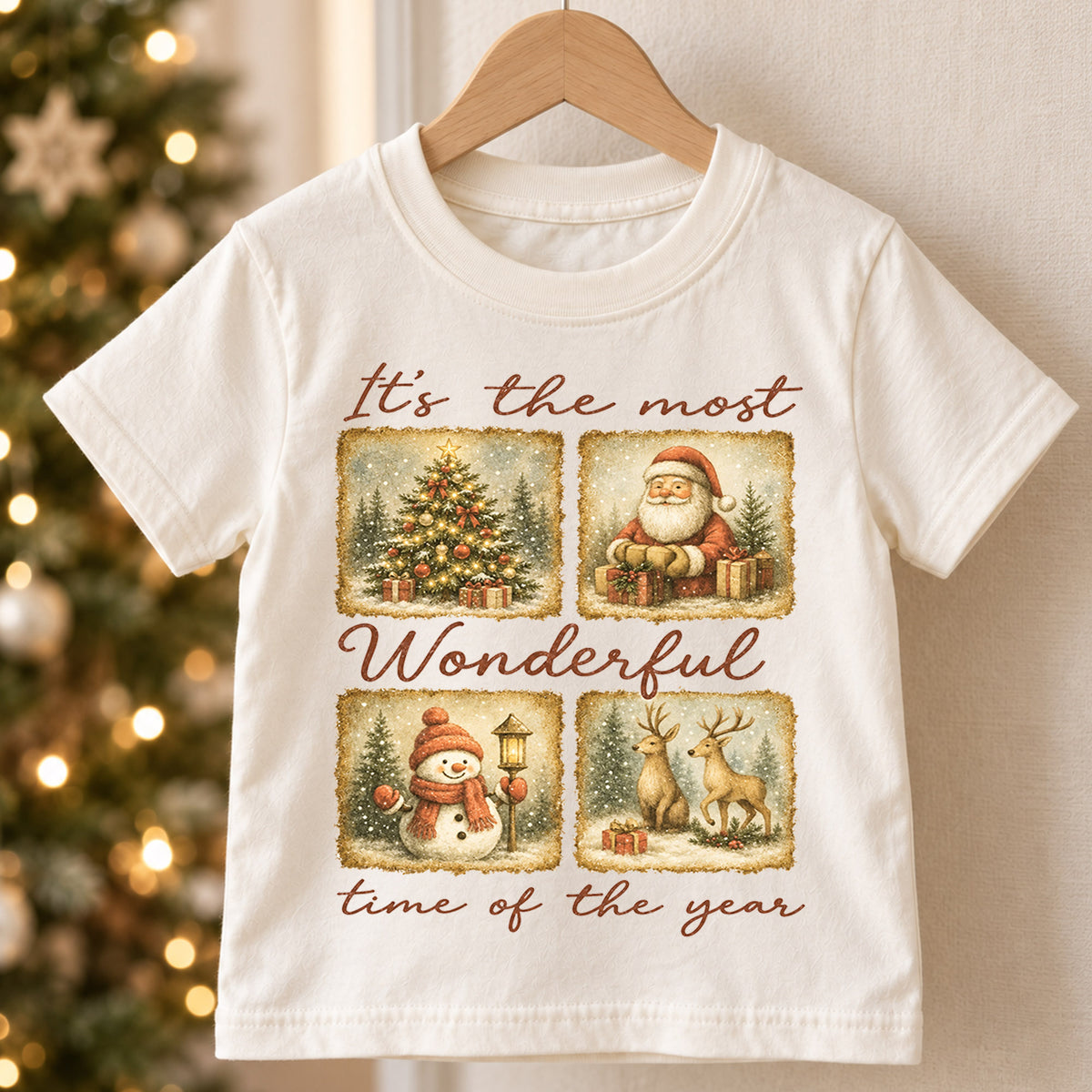 Most Wonderful Time Kids Christmas Shirt, Vintage Santa Snowman Reindeer Tee, Retro Holiday Shirt for Kids, Classic Christmas Outfit — product view 5
