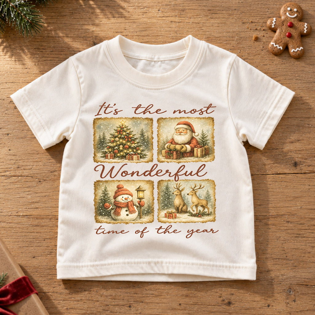 Most Wonderful Time Kids Christmas Shirt, Vintage Santa Snowman Reindeer Tee, Retro Holiday Shirt for Kids, Classic Christmas Outfit — product view 6