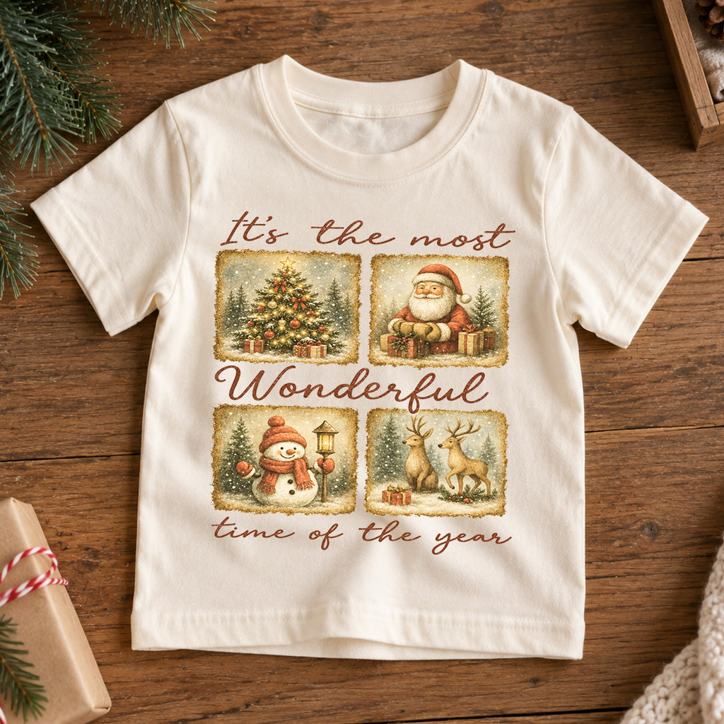Most Wonderful Time Kids Christmas Shirt, Vintage Santa Snowman Reindeer Tee, Retro Holiday Shirt for Kids, Classic Christmas Outfit — product view 7