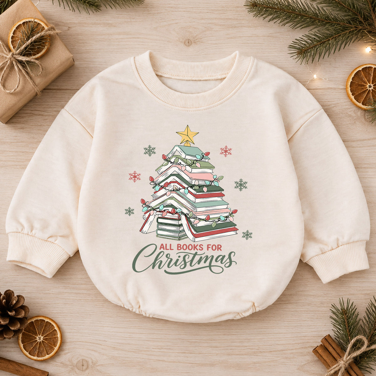 All Books for Christmas Baby Romper, Book Lover Holiday Outfit, Christmas Tree Toddler Romper, Cute 1st Christmas Gift for Baby — product view 1