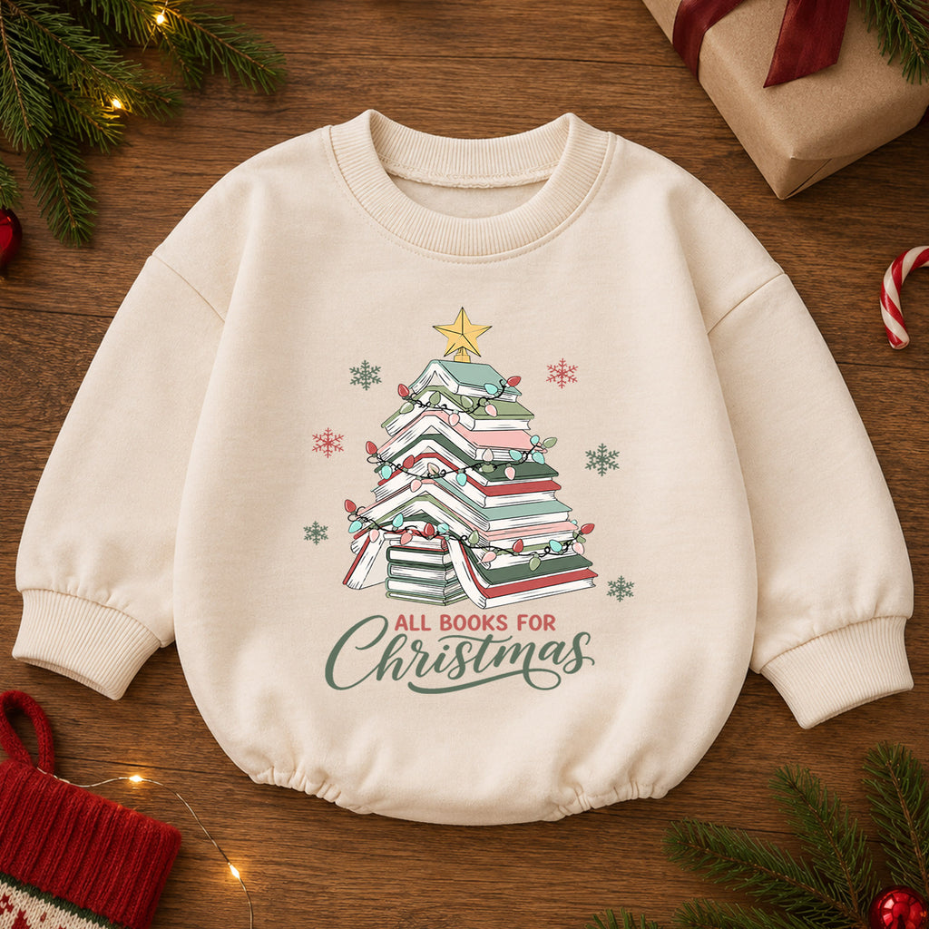 All Books for Christmas Baby Romper, Book Lover Holiday Outfit, Christmas Tree Toddler Romper, Cute 1st Christmas Gift for Baby — product view 2