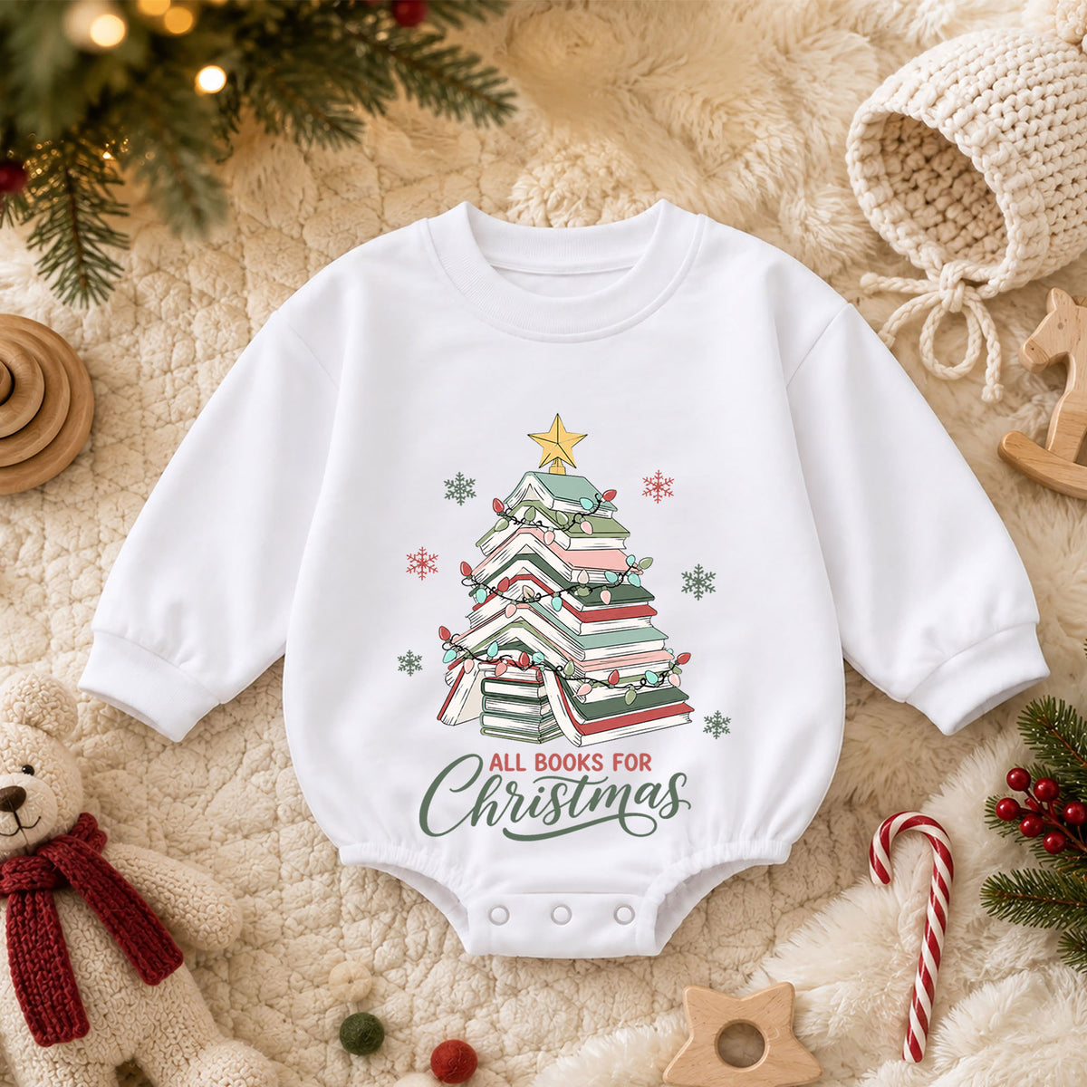 All Books for Christmas Baby Romper, Book Lover Holiday Outfit, Christmas Tree Toddler Romper, Cute 1st Christmas Gift for Baby — product view 3