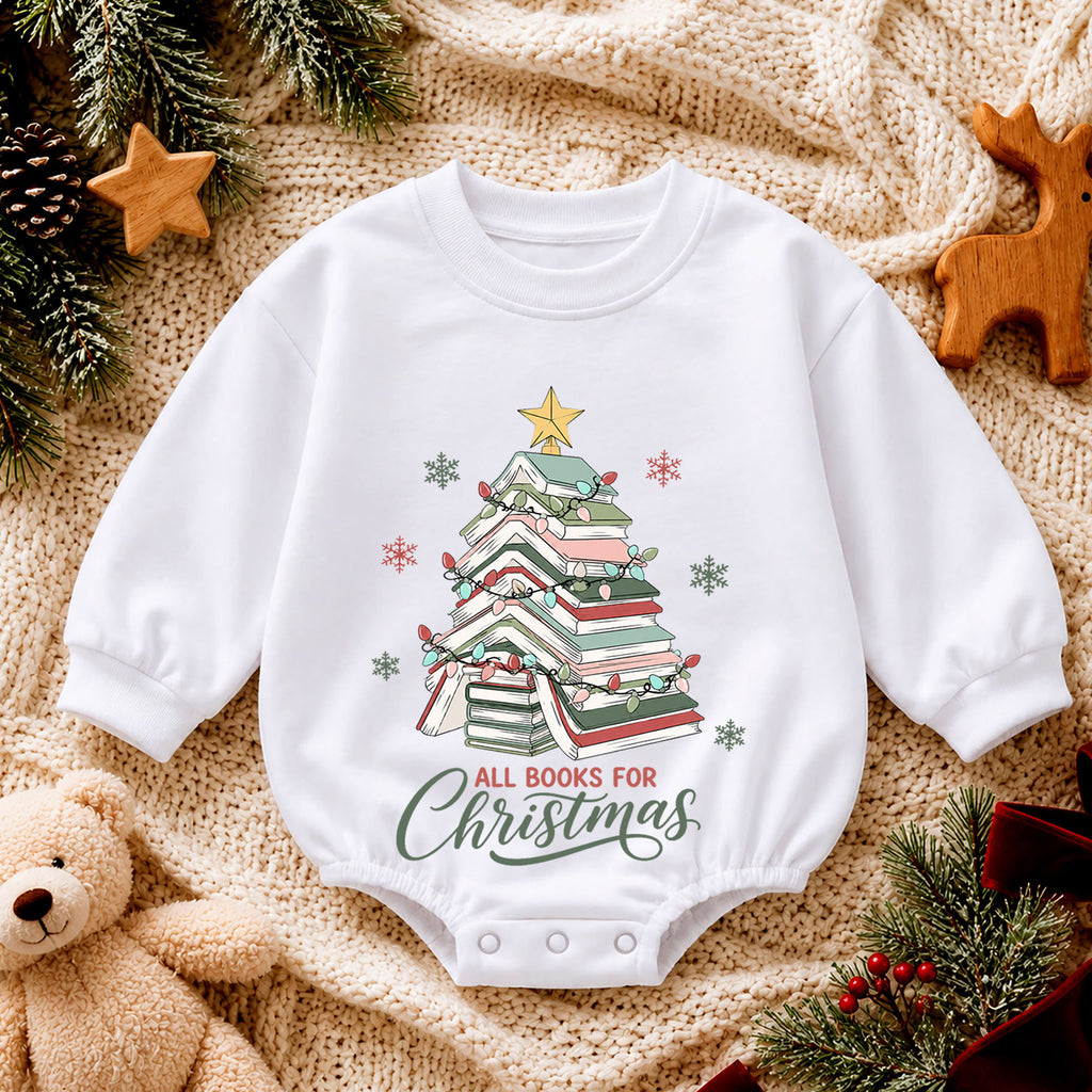 All Books for Christmas Baby Romper, Book Lover Holiday Outfit, Christmas Tree Toddler Romper, Cute 1st Christmas Gift for Baby — product view 4