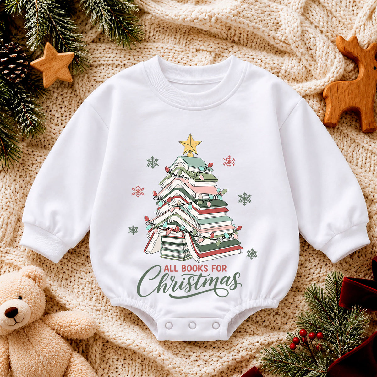All Books for Christmas Baby Romper, Book Lover Holiday Outfit, Christmas Tree Toddler Romper, Cute 1st Christmas Gift for Baby — product view 4