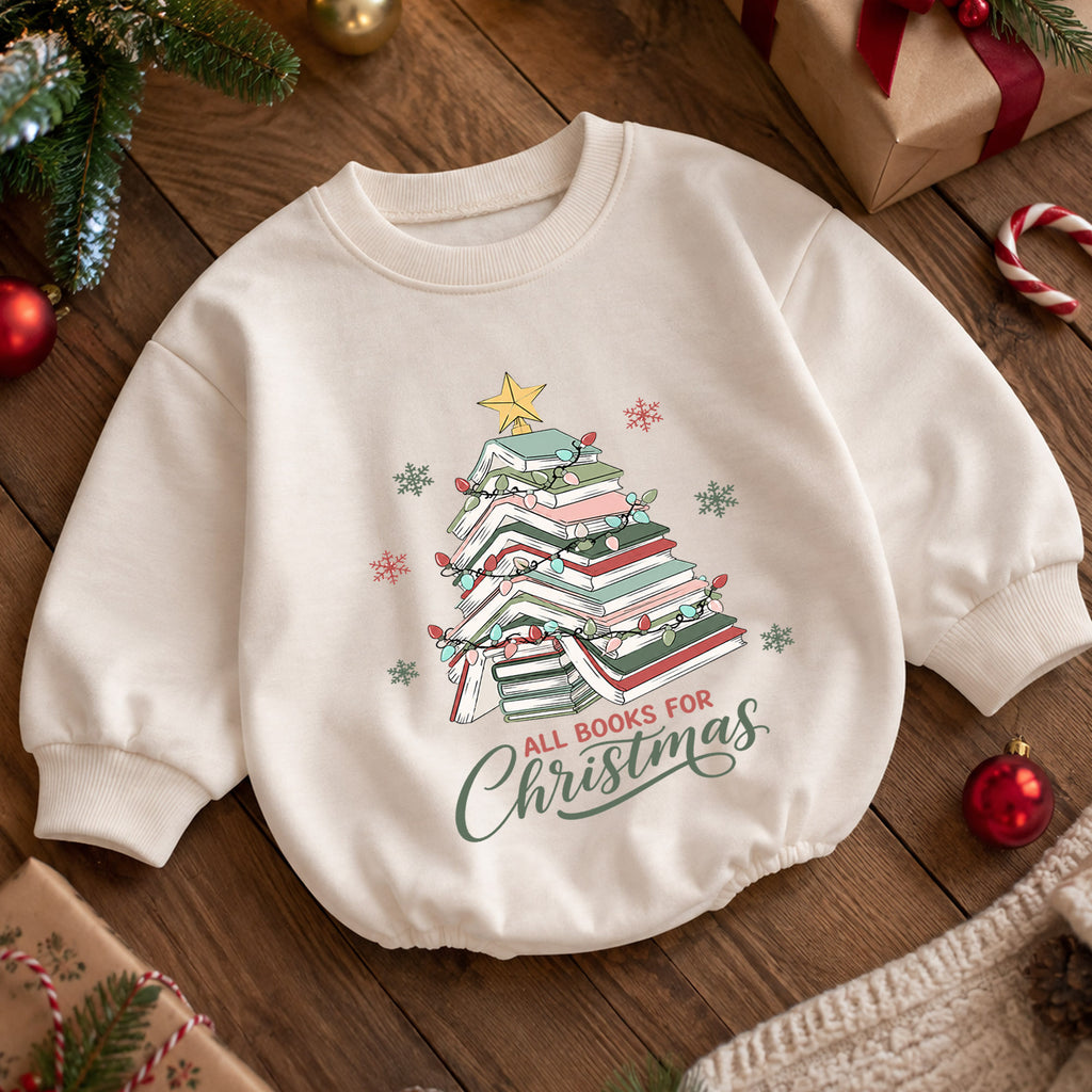 All Books for Christmas Baby Romper, Book Lover Holiday Outfit, Christmas Tree Toddler Romper, Cute 1st Christmas Gift for Baby — product view 5