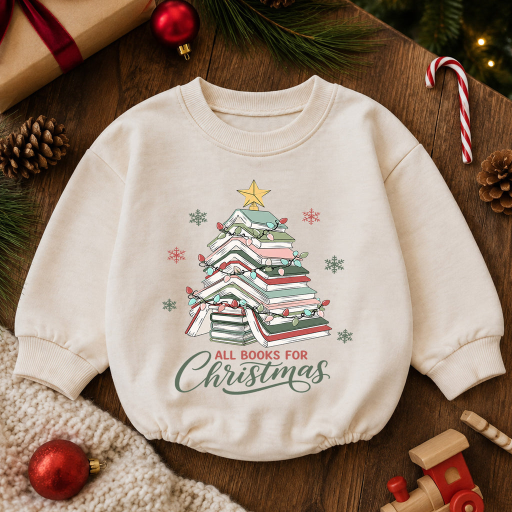 All Books for Christmas Baby Romper, Book Lover Holiday Outfit, Christmas Tree Toddler Romper, Cute 1st Christmas Gift for Baby — product view 6