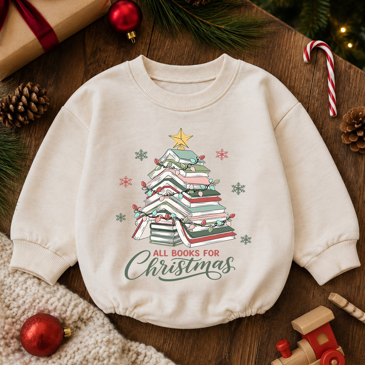 All Books for Christmas Baby Romper, Book Lover Holiday Outfit, Christmas Tree Toddler Romper, Cute 1st Christmas Gift for Baby — product view 6
