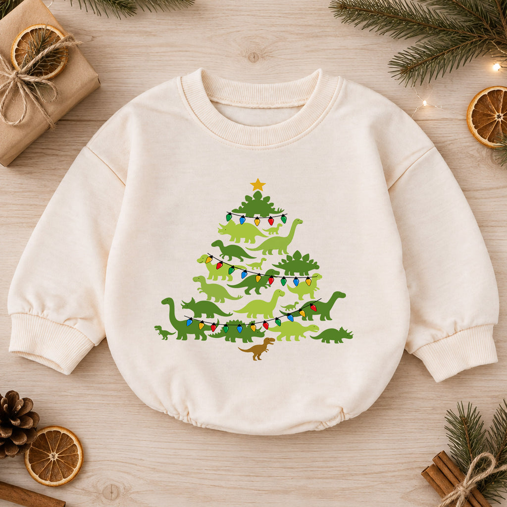 Christmas Dinosaur Baby Romper, Dino Tree Holiday Outfit, Cute Toddler Xmas Romper, 1st Christmas and 1st Birthday Gift — product view 1